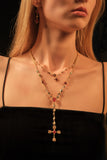 18K Real Gold Plated Red Gem Cross Lariat Necklace