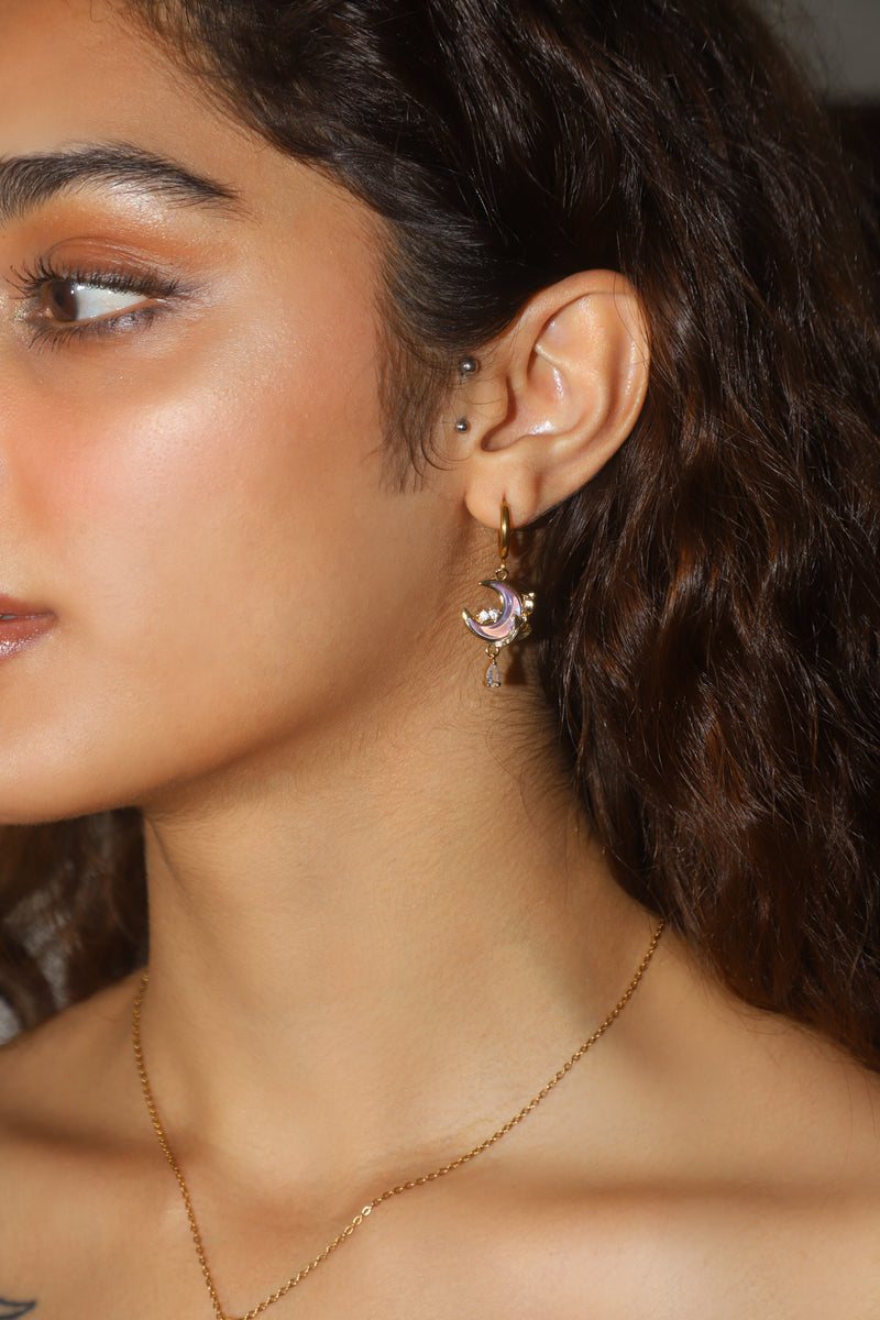 18K gold-plated moonstone rose moon drop earrings on sterling silver posts