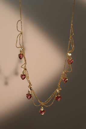 14K Real Gold Plated Double Layer Pink Heart Necklace