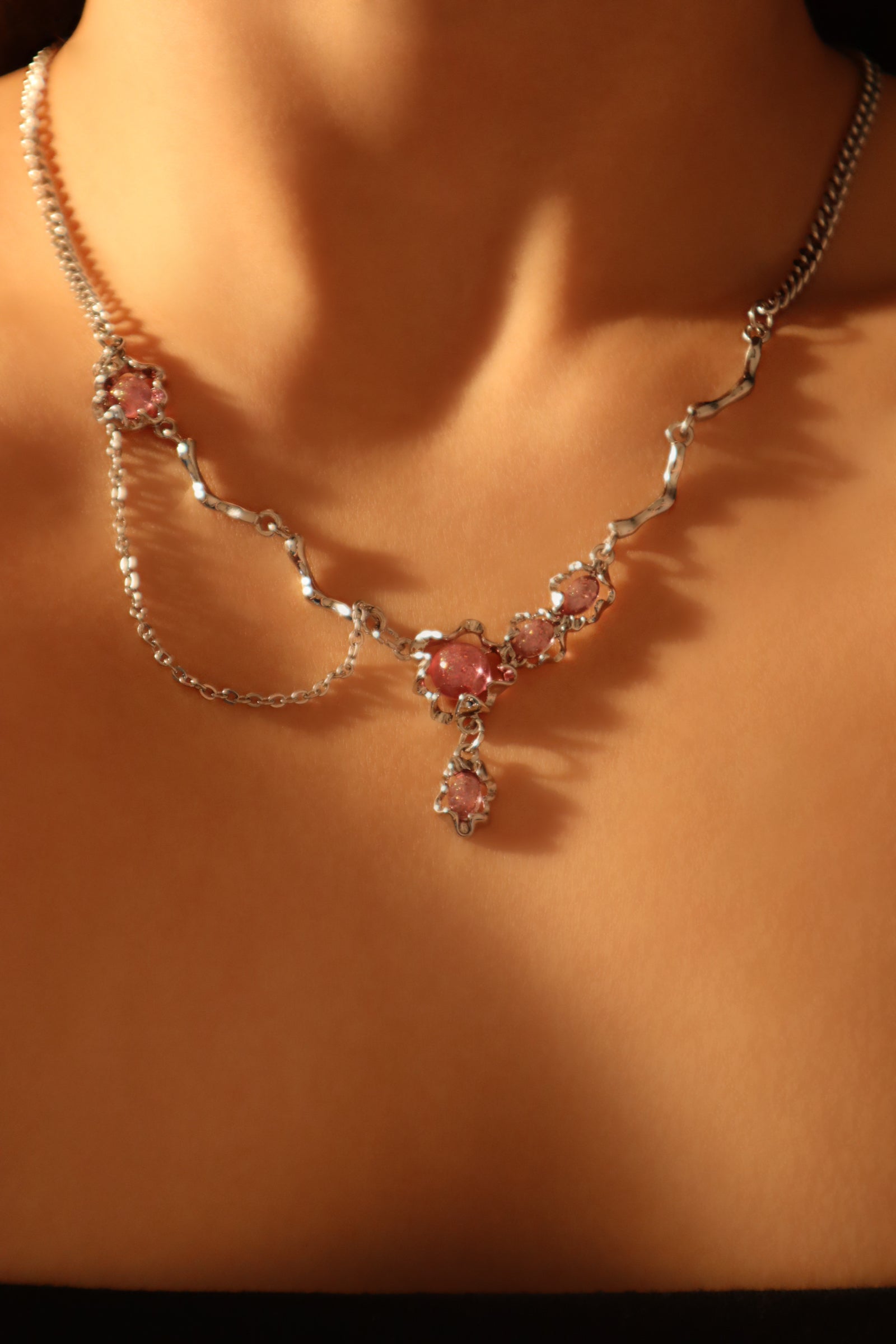 Platinum Plated Pink Glitter Stone Dangle Necklace