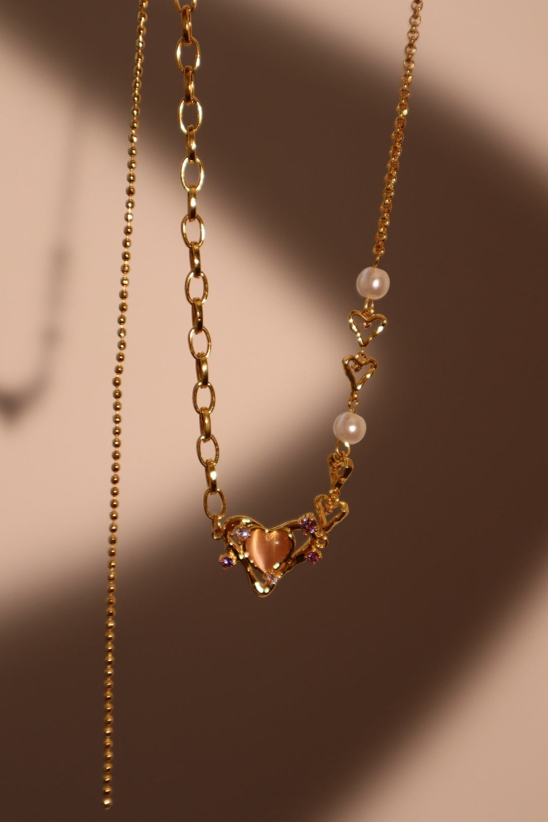18K Real Gold Plated Pink Opal Heart Pearls Necklace