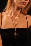 18K Real Gold Plated Red Gem Cross Lariat Necklace