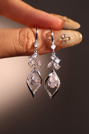 Platinum Plated Diamond Droplet Dangle Earrings