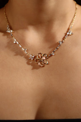 18K Real Gold Plated Butterfly Pink Flower Necklace