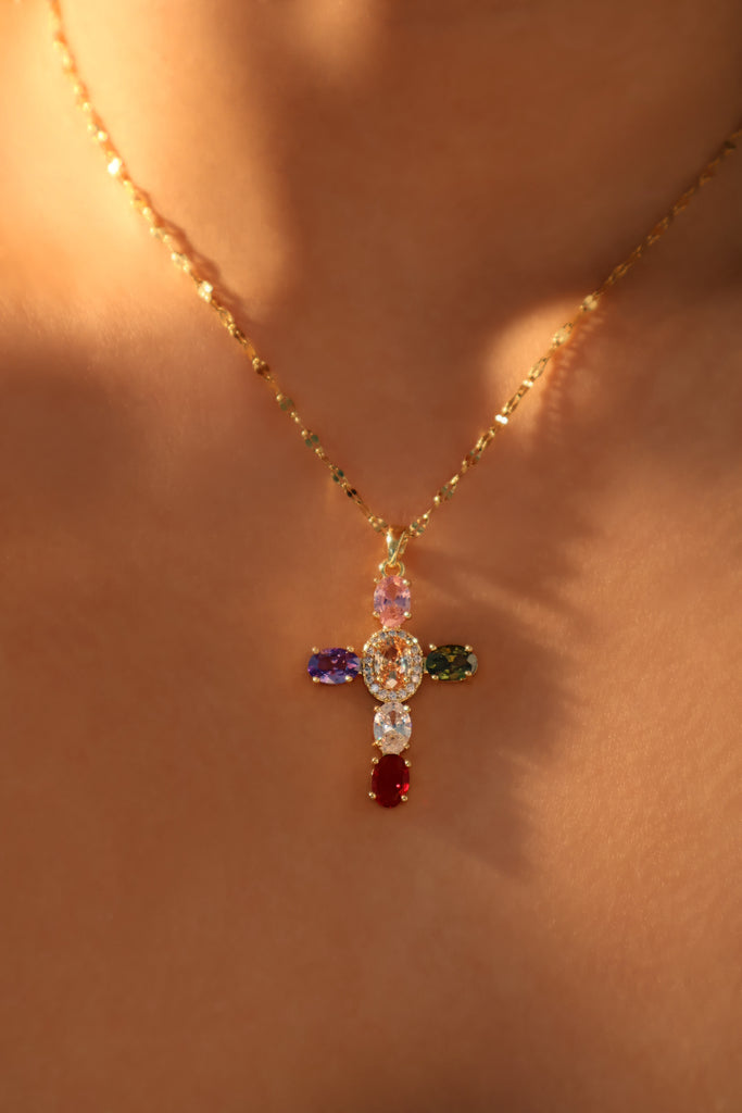 18K Gold Stainless Steel Color Gemstones Cross Necklace – Cutethingscommin