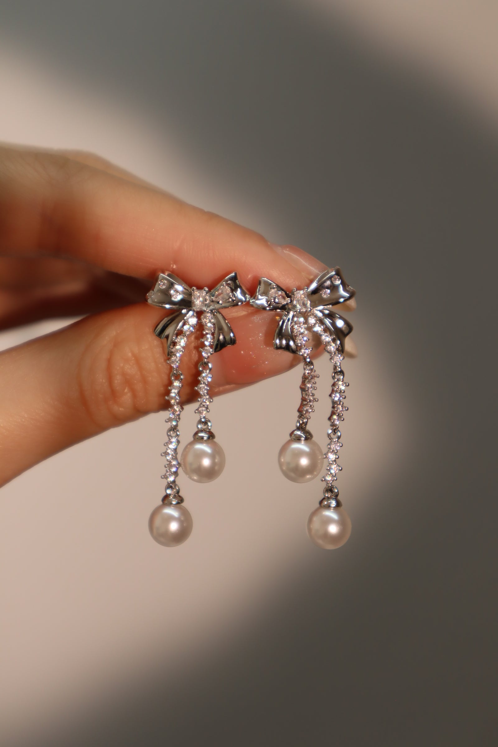 Diamond Bowknot Pearl Earrings