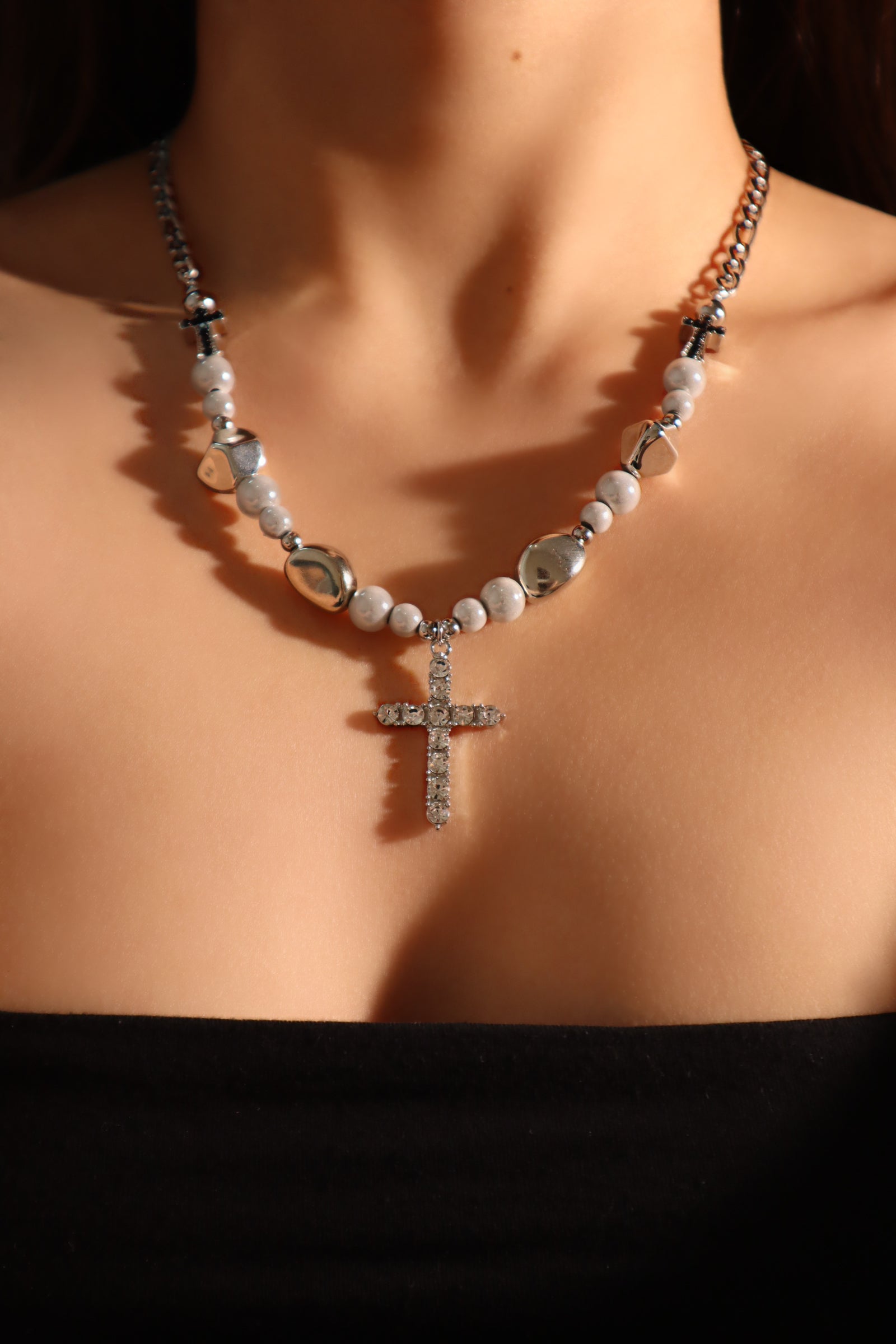 Glowing Pearl Cross Necklace