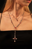 Platinum Plated Red Gem Cross Lariat Necklace