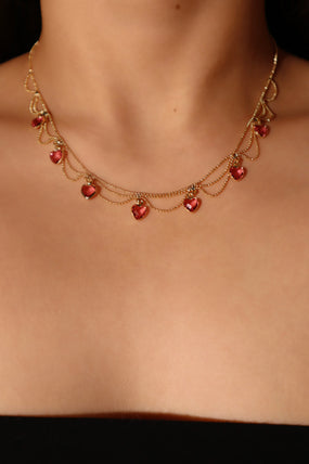 14K Real Gold Plated Double Layer Pink Heart Necklace