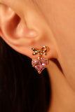14K Real Gold Plated Pink Gem Heart Bowknot Earrings