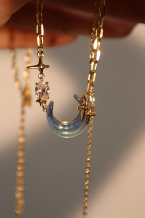 18K gold-plated chain necklace with moonstone, crescent moon and star charms