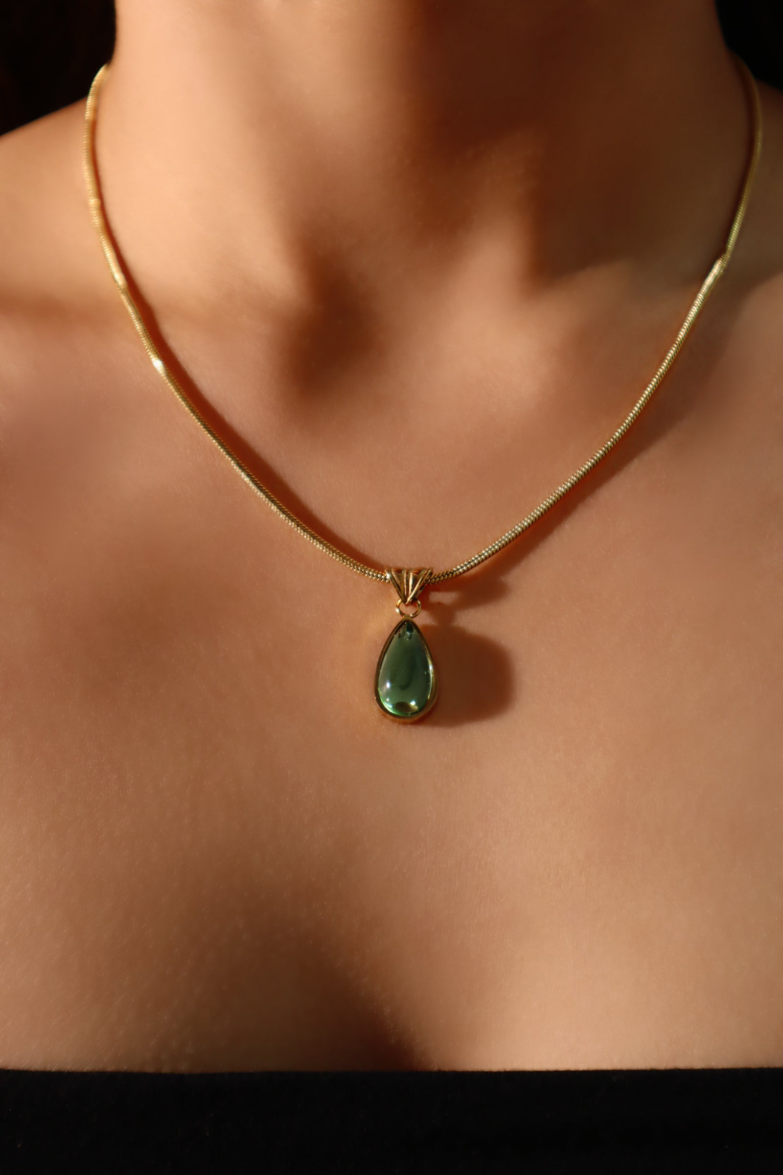 18K Gold Stainless Steel Green Gem Droplet Necklace