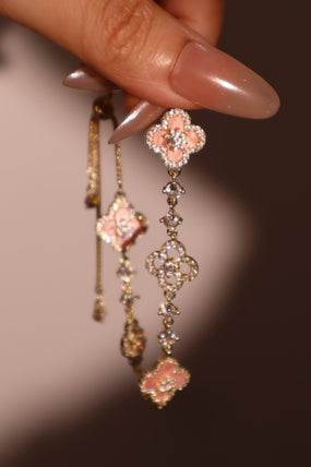 14K gold-plated lucky leaf bracelet with zirconia diamonds and pink resin accents