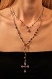 Platinum Plated Red Gem Cross Lariat Necklace