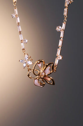 18K Real Gold Plated Butterfly Pink Flower Necklace
