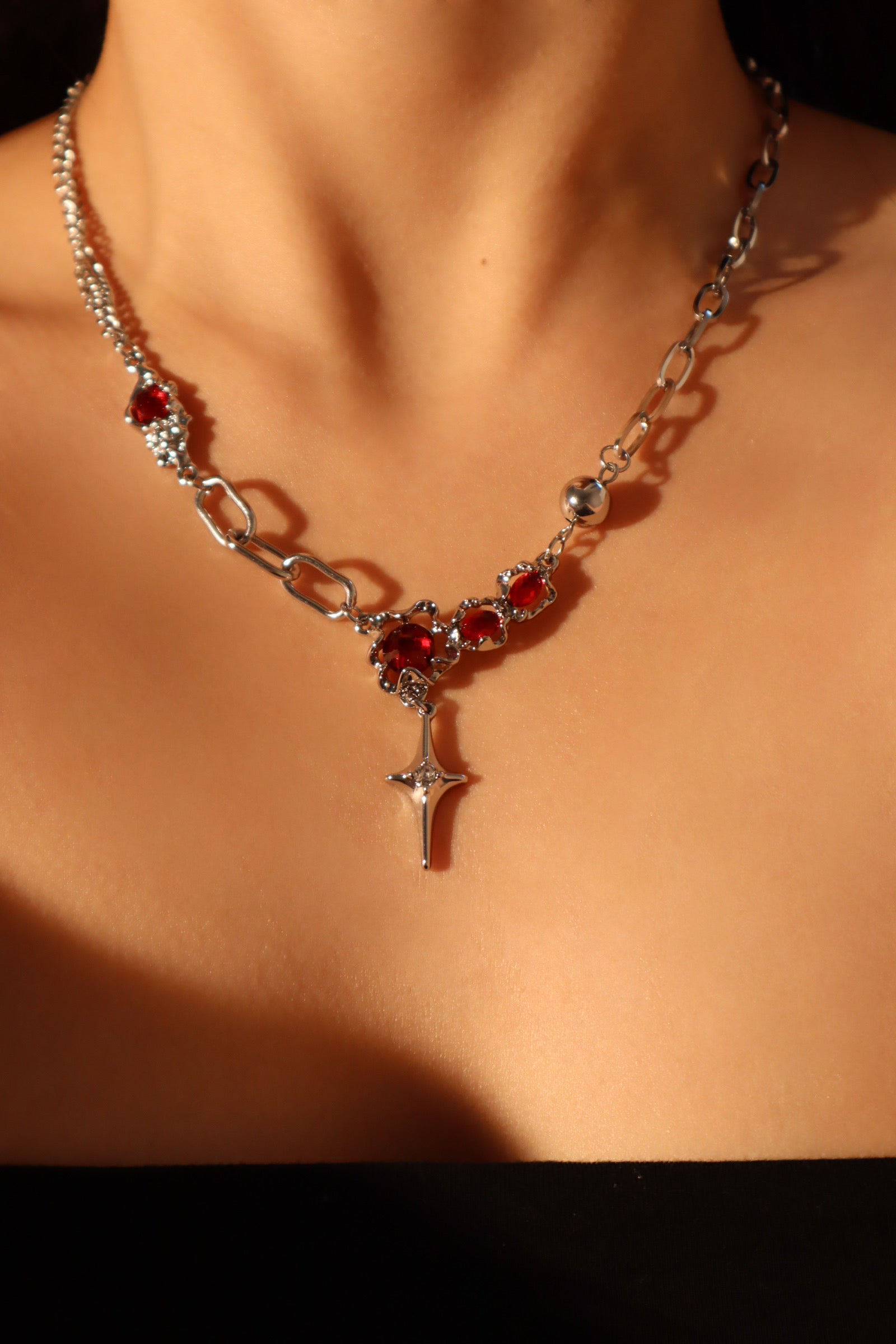 Platinum Plated Red Gem Star Necklace