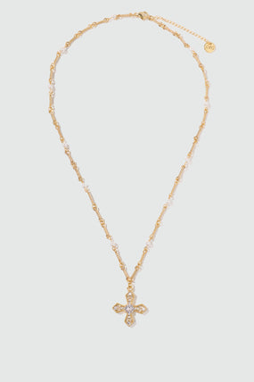 18K Real Gold Plated Multi Pearls Cross Necklace