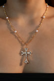 18K Real Gold Plated Diamond Pearl Cross Necklace