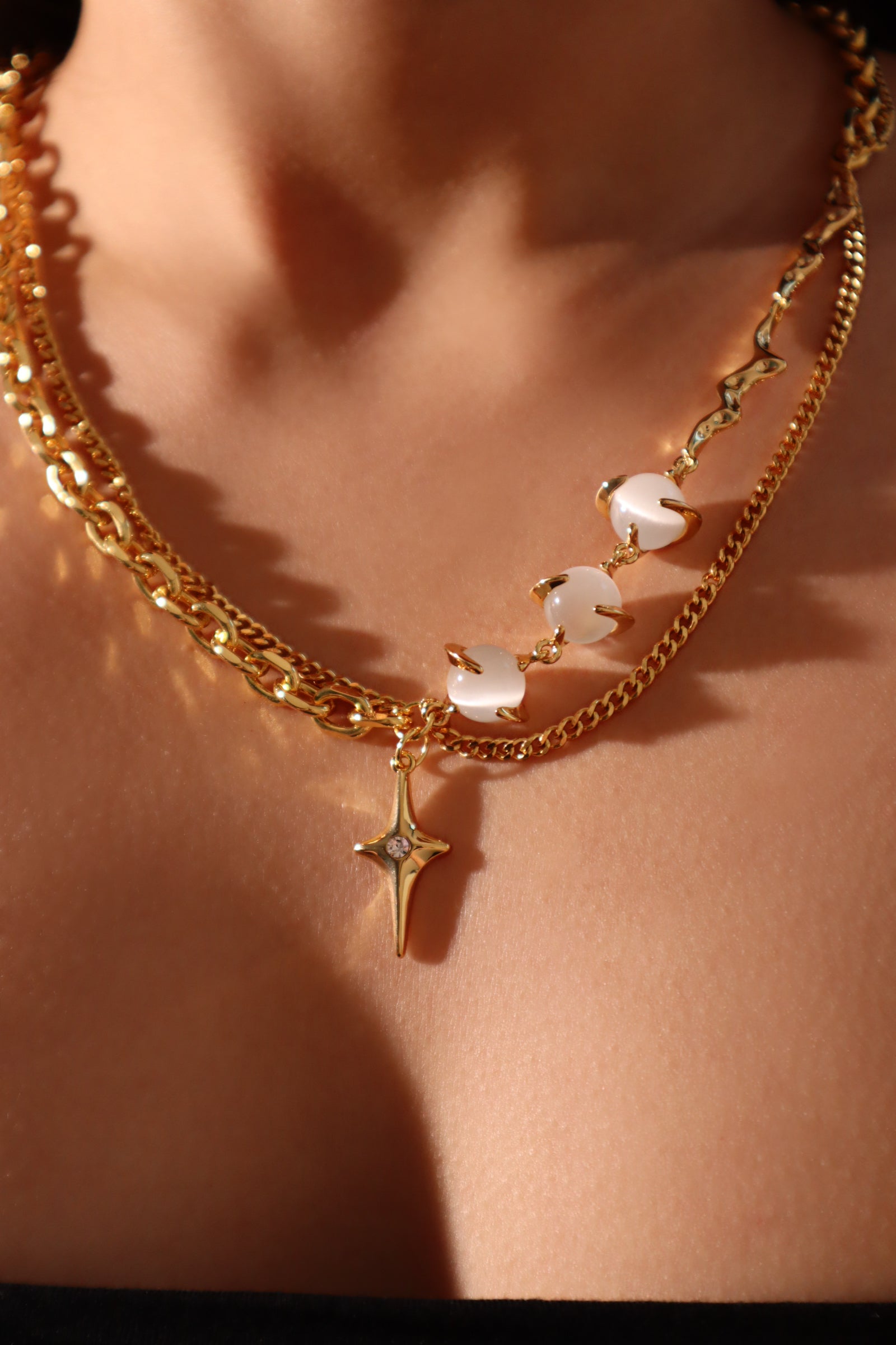 18K Real Gold Plated Moon Gem Star Necklace