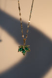 18K Gold Stainless Steel Green Gem Maple Leaves Necklace