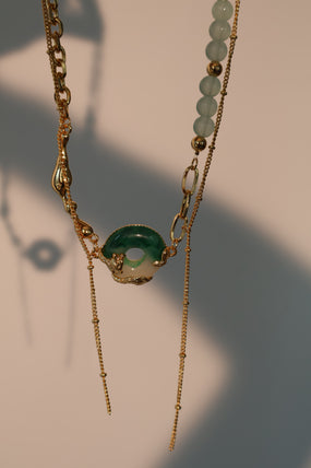Gold-plated jade dragon chain necklace with green and white handmade jade beads