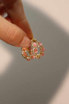 Gold-plated pink opal hoop earrings with pink zirconia gemstones and sparkling accents