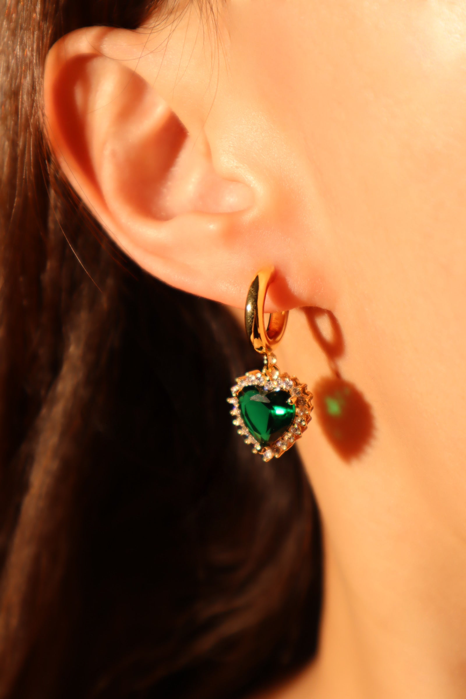 18K Real Gold Plated Green Gem Heart Earrings