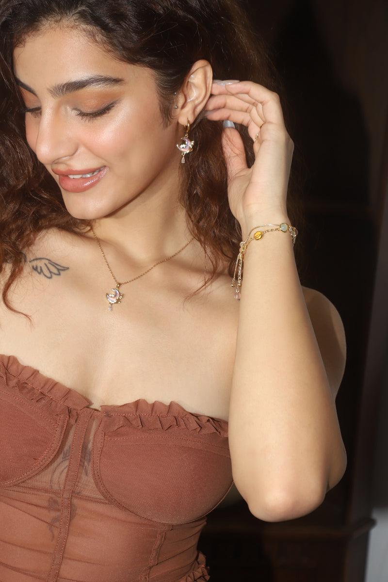 18K gold-plated moonstone rose moon drop earrings on sterling silver posts