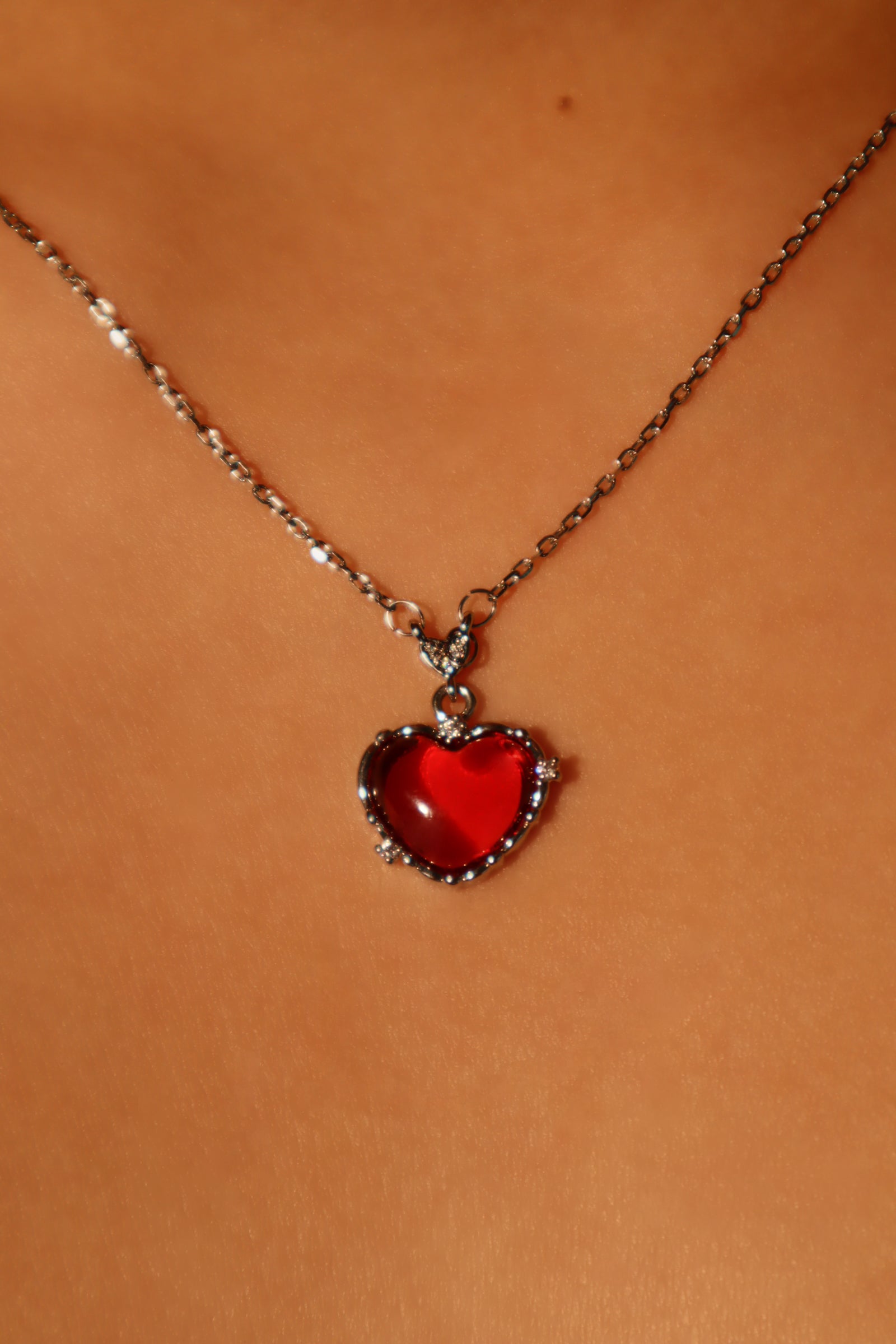 Platinum Plated Red Gem Heart Necklace
