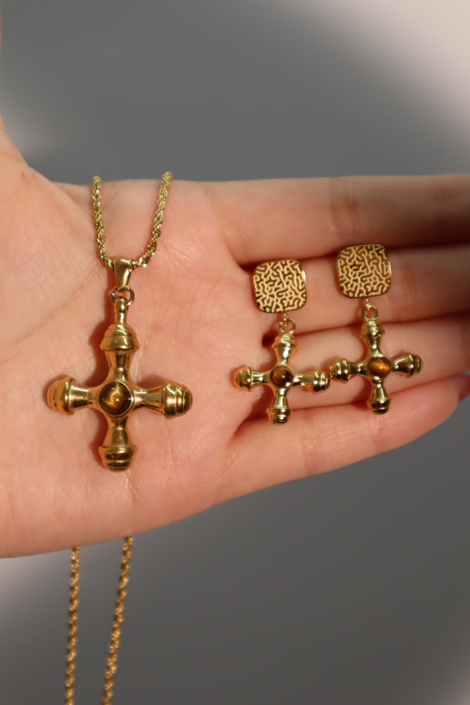 18K Gold Stainless Steel Tigerite Cross Necklace