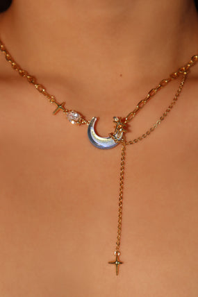 18K gold-plated chain necklace with moonstone, crescent moon and star charms