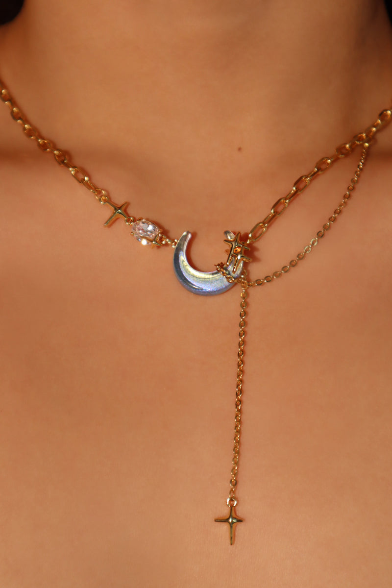 18K gold-plated chain necklace with moonstone, crescent moon and star charms