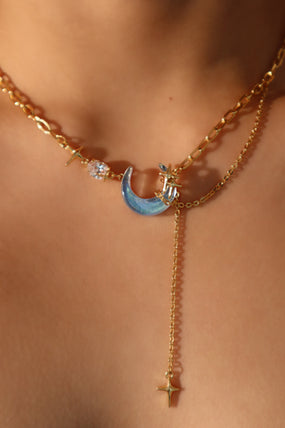 18K gold-plated chain necklace with moonstone, crescent moon and star charms