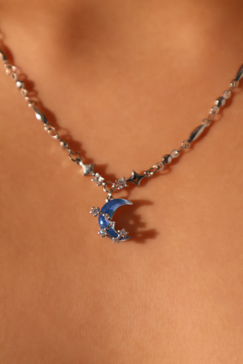 Palladium white-gold-plated moon and star necklace with a zirconia moonstone and zirconia diamonds