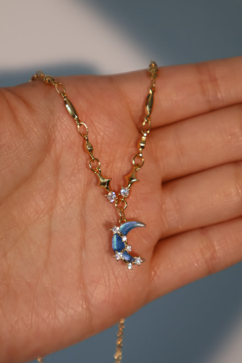 18K gold-plated necklace with moonstone, crescent moon and star charms