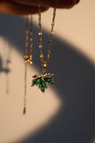 18K Gold Stainless Steel Green Gem Maple Leaves Necklace