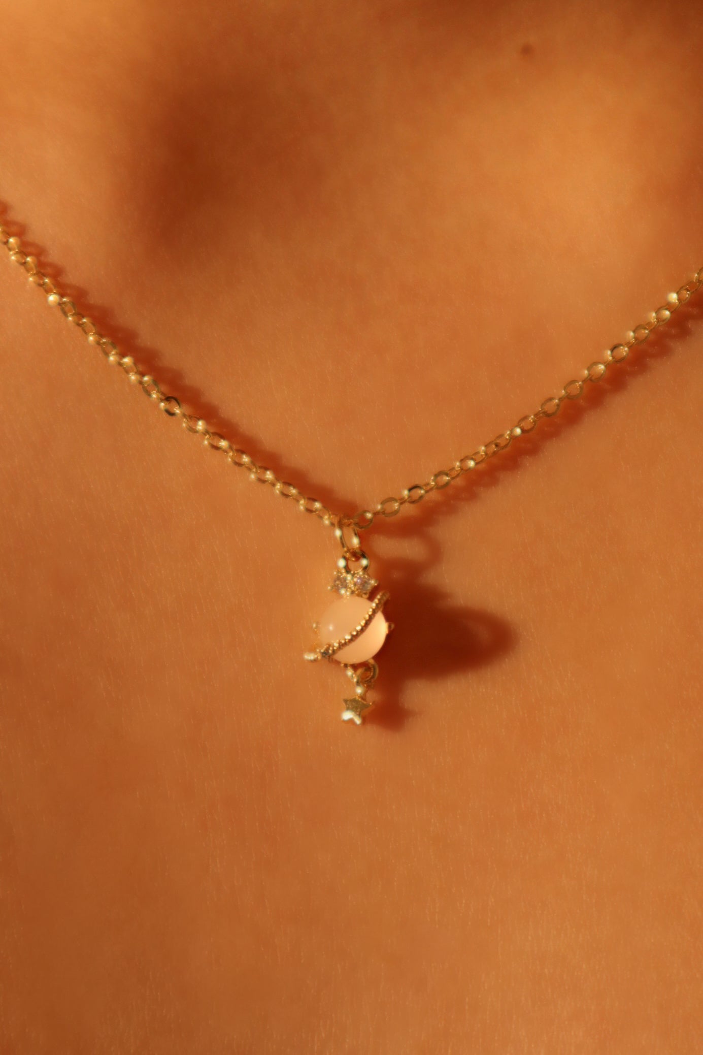 18K Real Gold Plated Pink Gem Saturn Star Necklace