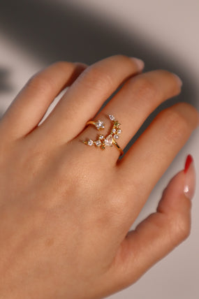 14K gold-plated adjustable ring with a crescent moon, star and zirconia diamonds