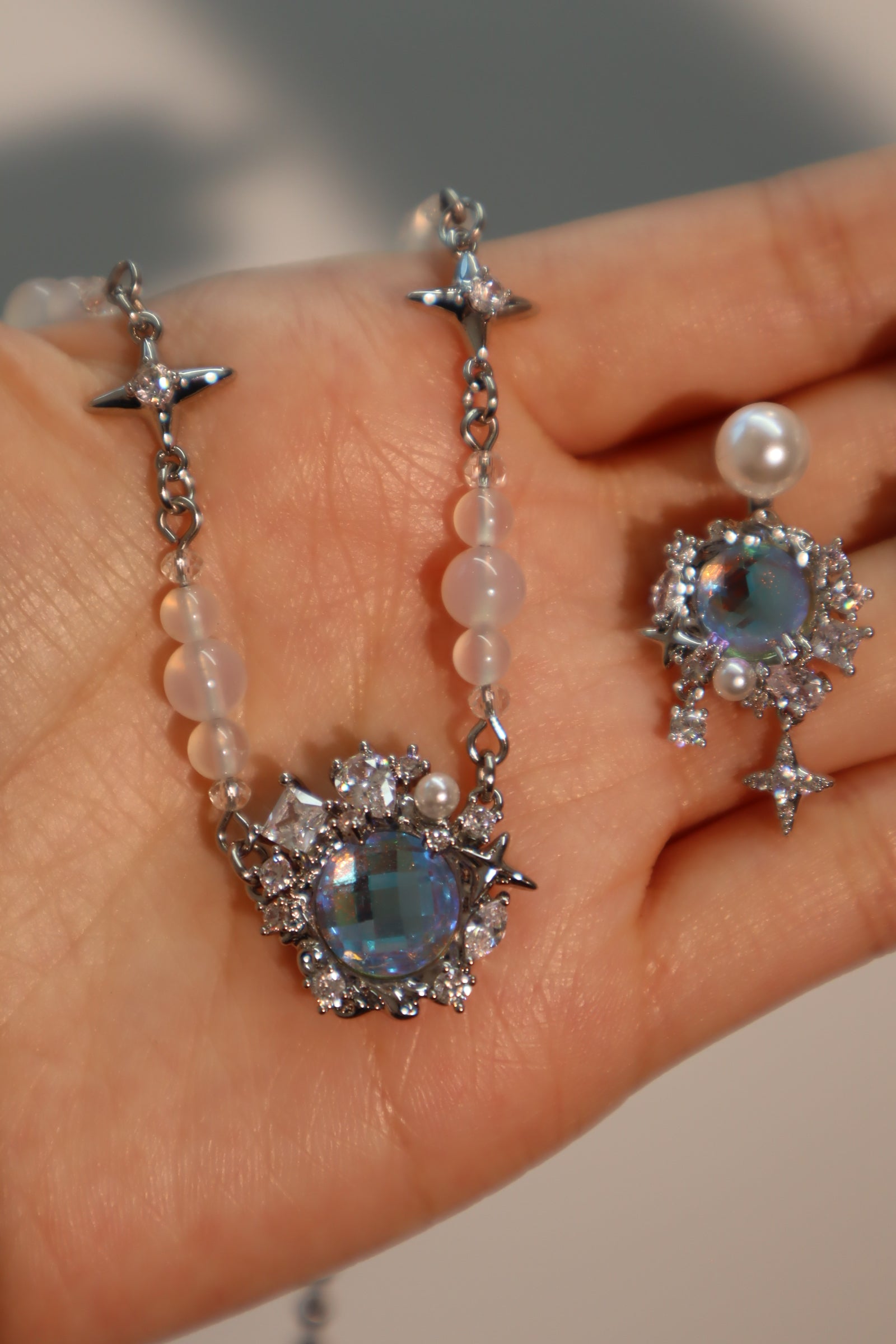 Platinum plated Blue Gem Blossom Necklace