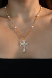 18K Real Gold Plated Diamond Pearl Cross Necklace