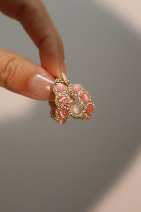 Gold-plated pink opal hoop earrings with pink zirconia gemstones and sparkling accents