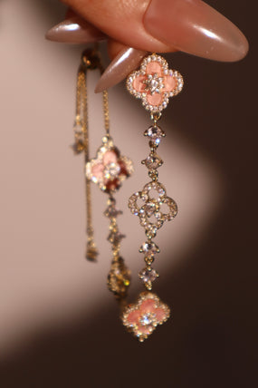 14K gold-plated lucky leaf bracelet with zirconia diamonds and pink resin accents