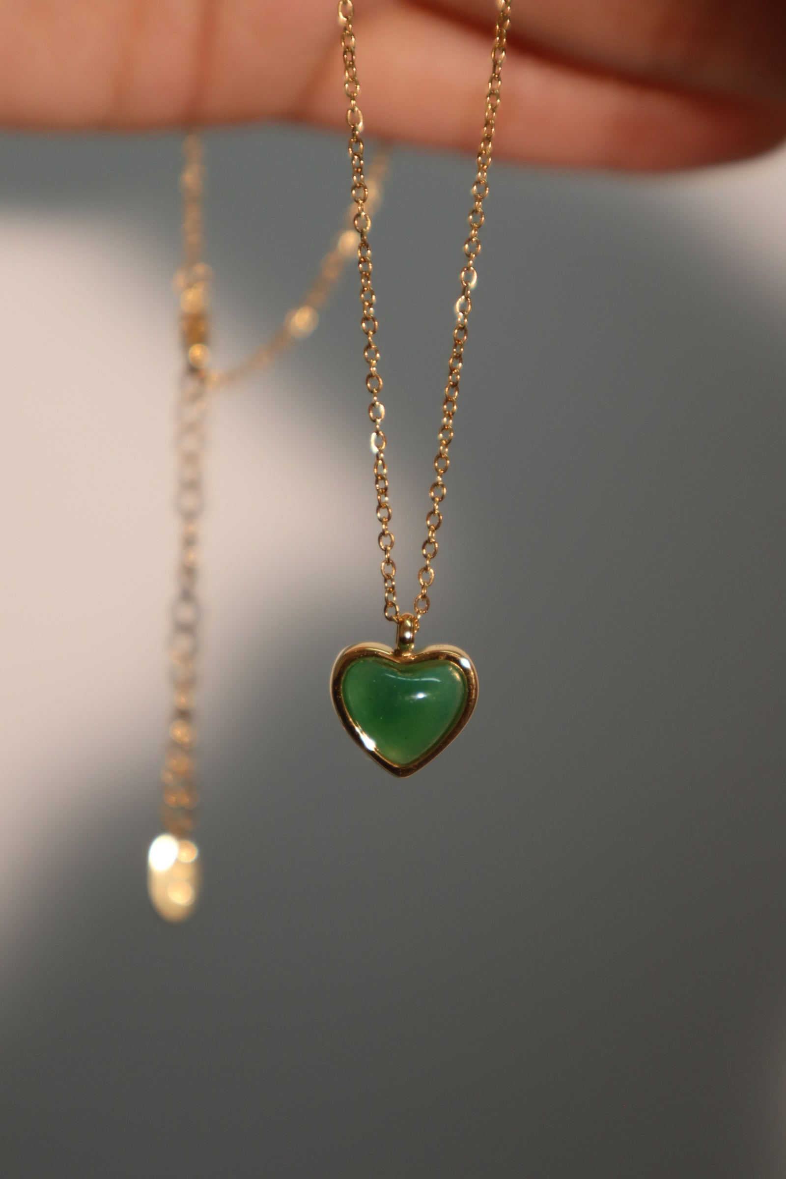 18K Gold Stainless Steel Natural Green Agate Heart Necklace