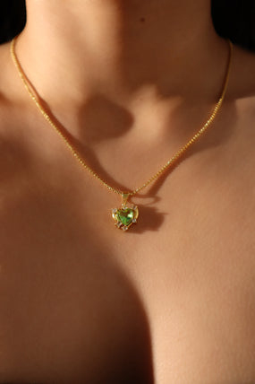 18K Real Gold Plated Diamond Green Gem Heart Necklace