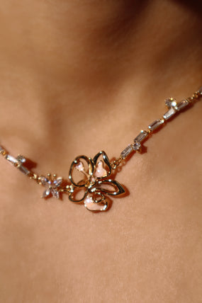 18K Real Gold Plated Butterfly Pink Flower Necklace