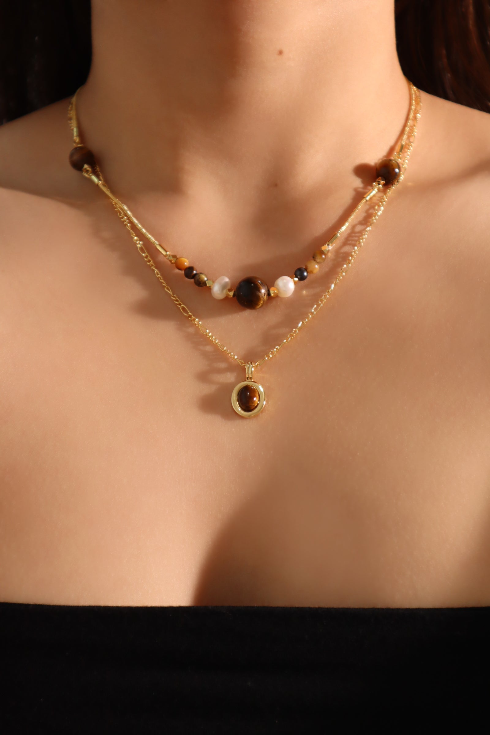 18K Real Gold Plated Multi Tigerite Brown Gem Necklace