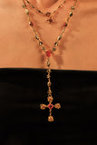 18K Real Gold Plated Red Gem Cross Lariat Necklace