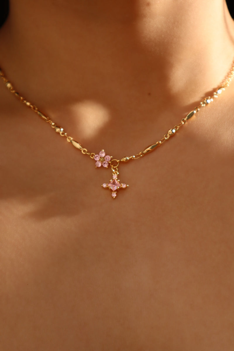 18K gold-plated cross necklace set with pink zirconia gemstones