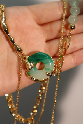 Gold-plated jade dragon chain necklace with green and white handmade jade beads