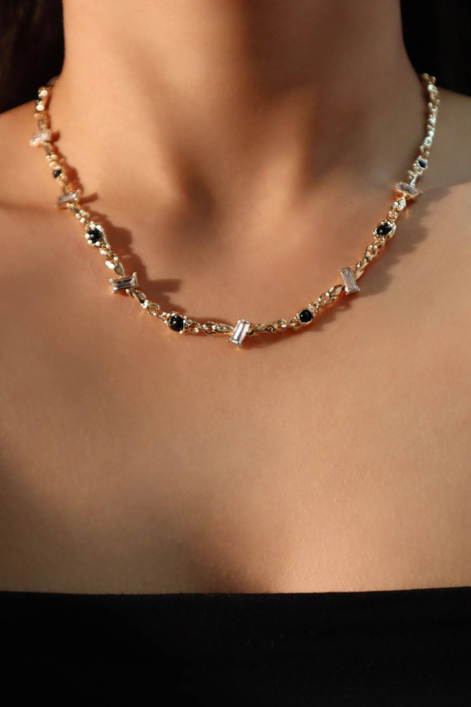 18K Real Gold Plated Diamond Black Gem Necklace